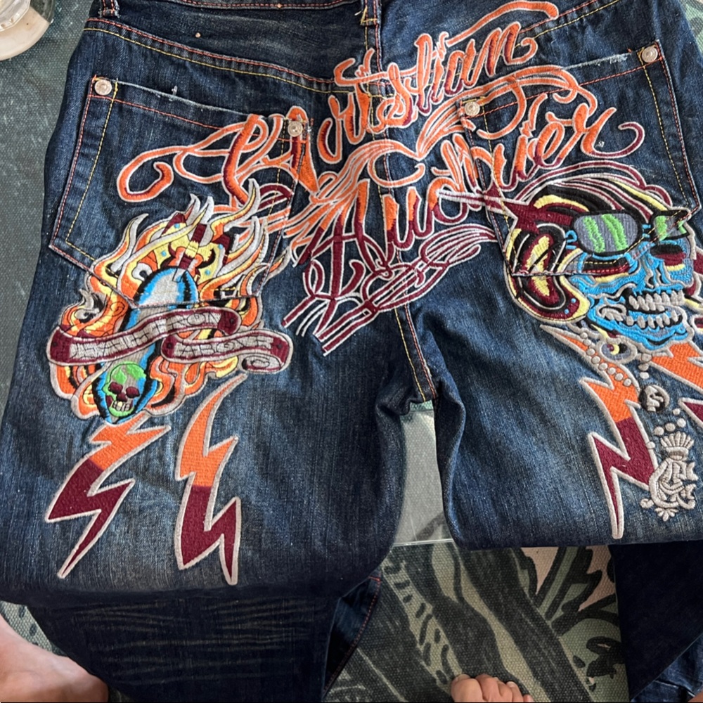 Christian Audigier Dark Blue Jeans with Colorful Embroidery
